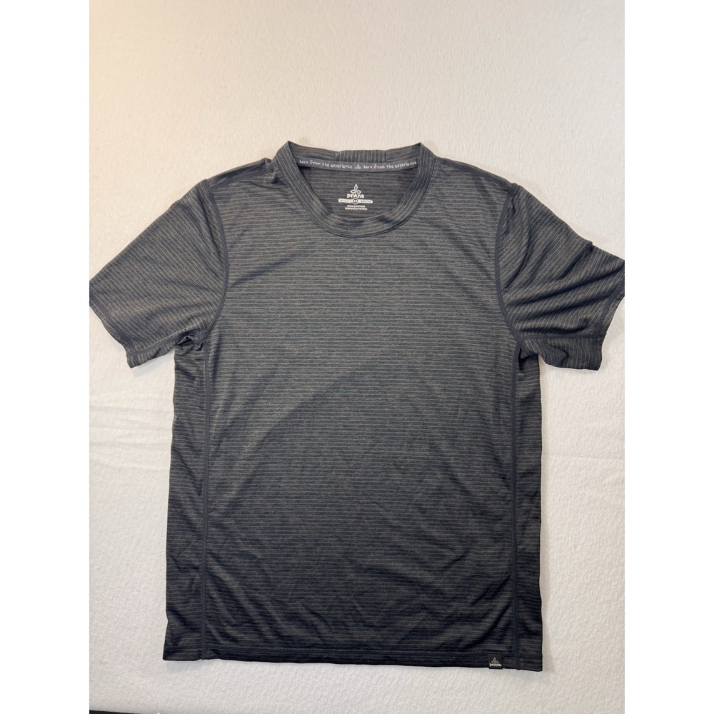 Prana Breathe Mens Performance Shirt XS Striped Black Brown Short Sleeve  EUC